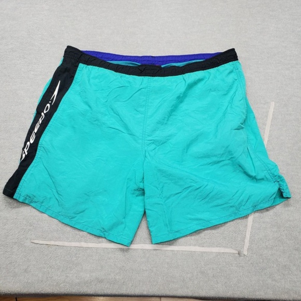 VINTAGE Speedo Men‎ Swimwear Large Blue Trunks Sport Systems Pocket 8" Inseam
